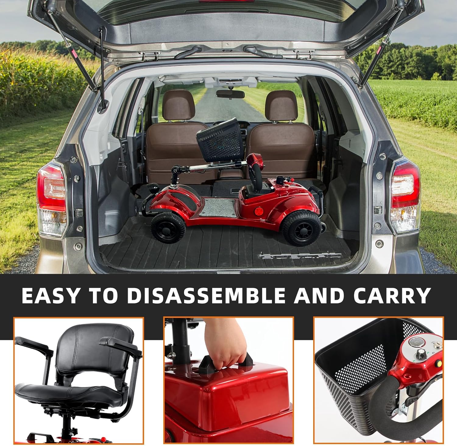 4 Wheel Mobility Scooter | Foldable and Portable Electric Scooter with Basket and Light | Compact Mobility Device Perfect for Adults, Elderly, and Travel, Red