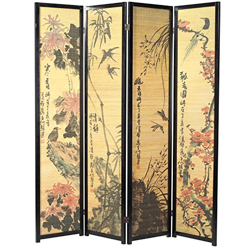 MyGift 4-Panel Folding Bamboo Room Divider Asian-Inspired Cherry Blossom Scene, 6 FT Freestanding Floral Artwork Room Partitioner with Beige Wood Frame