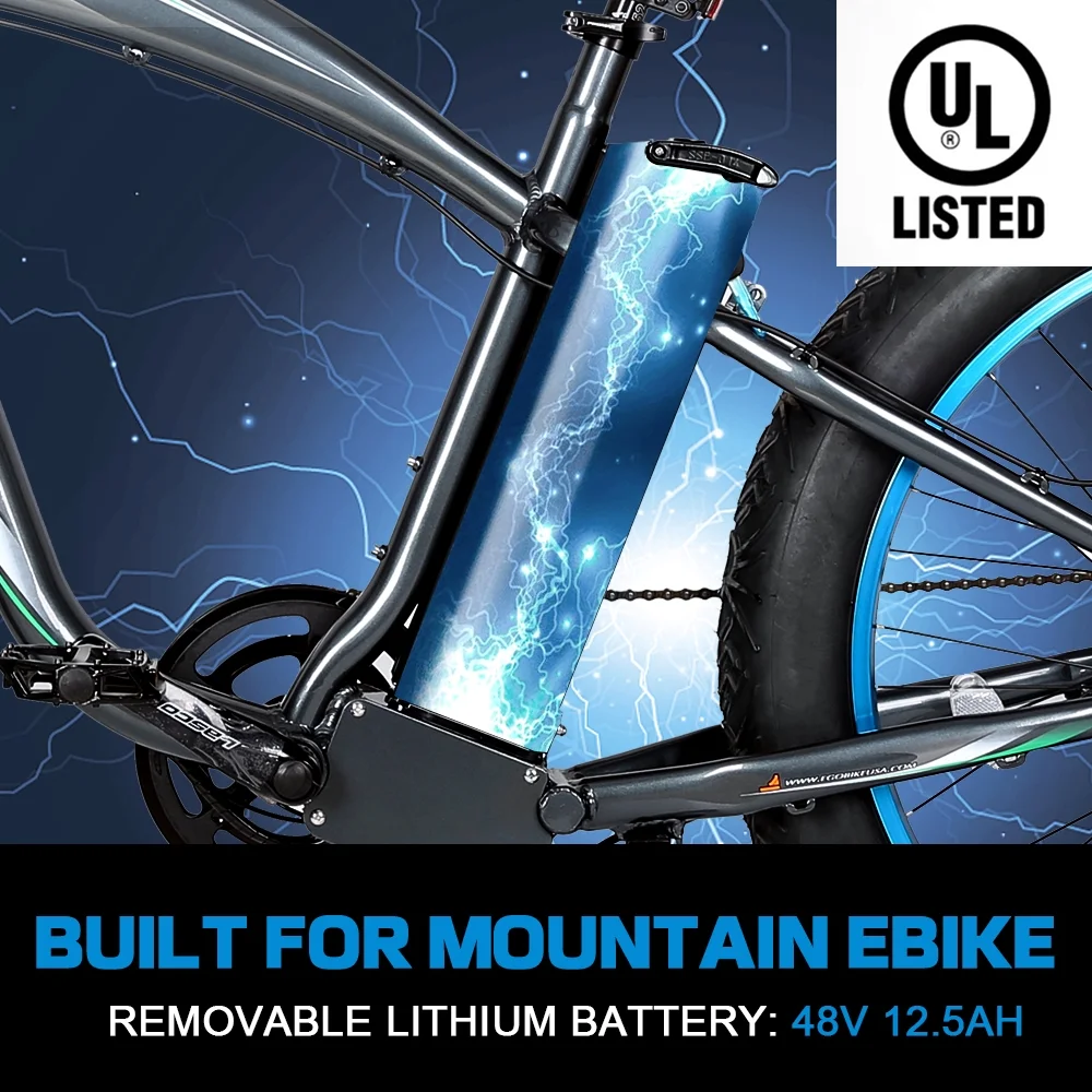 ECOTRIC 26 × 4" Fat Tire Electric Bike 750 W e-bike Mountain Beach Snow Bicycle W/ 7 Speeds Black Removable Lithium Battery 48 V 12.5 Ah Lithium battery Pedal Assist A-E516646