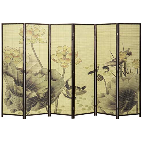 MyGift 4-Panel Folding Bamboo Room Divider Asian-Inspired Cherry Blossom Scene, 6 FT Freestanding Floral Artwork Room Partitioner with Beige Wood Frame