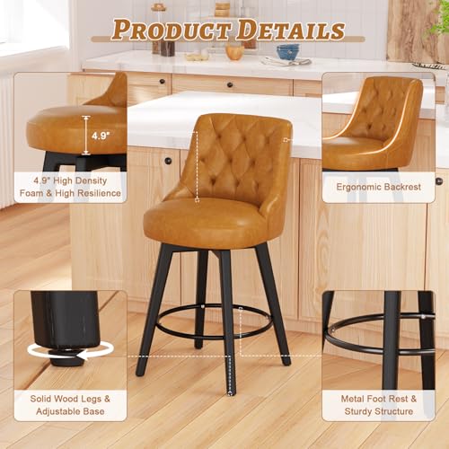 Sunny Heart Swivel Bar Stools with Backs,30" H Counter Stools Set of 2,Counter Height Bar Stools, Upholstered Kitchen Barstools with Solid Wood Legs,Beige