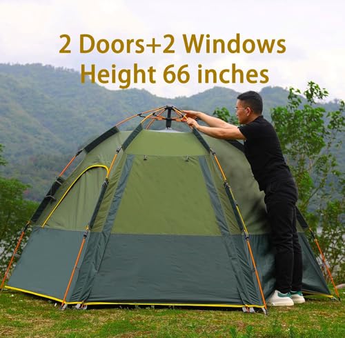 2-3-4 Person Camping Tent 60 Seconds Easy Quick Set Up Tent Waterproof Pop Up Dome Family Hexagon Outdoor Sports Backpacking Tents Double Layer Flysheet Camping Sun Shelters 2 doors