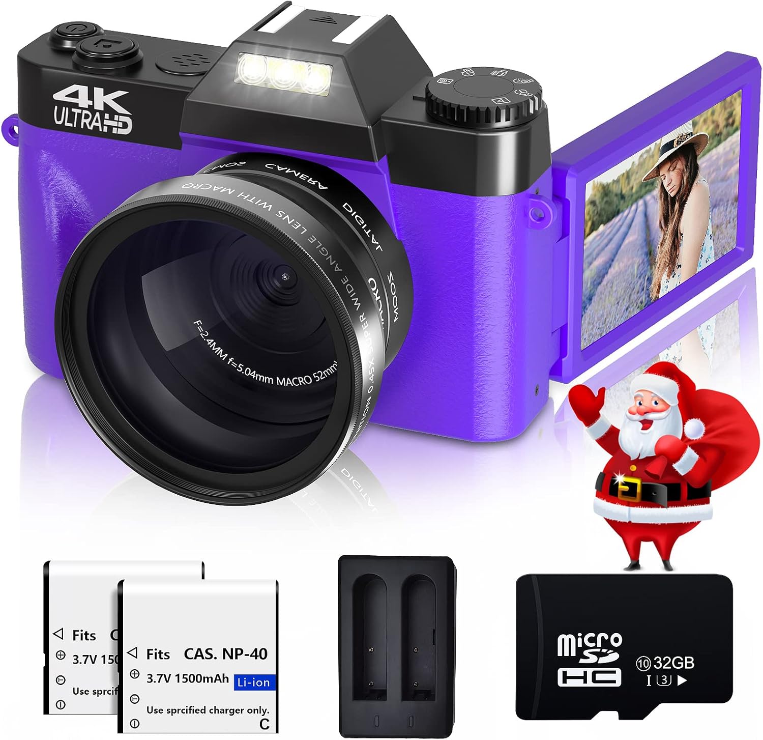 VJIANGER 4K Digital Camera 48MP Pixel Autofocus Vlogging Camera 3.0" IPS 30FPS Flip Screen 16X Digital Zoom Fixed Camera Lenses for Photography on YouTube with 32GB SD Card, 2 Batteries (Black)