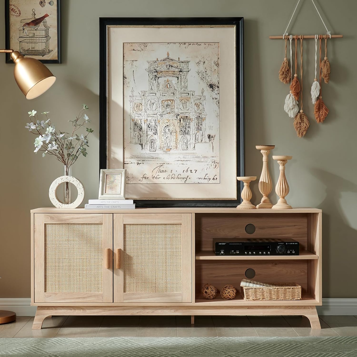 Okvnbjk TV Consoles for Living Room, Mid Century Modern TV Stand for 65 Inch TV, Rattan Entertainment Center, Media Console with Natural Rattan Doors & Adjustable Shelf, Boho TV Stand for Bedroom, Oak