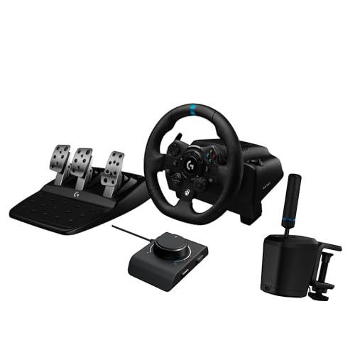 Logitech G923 Racing Wheel and Pedals, TRUEFORCE up to 1000 Hz Force Feedback, Gaming Steering Wheel PS5, PS4, PC, Mac, Genuine Leather- Black