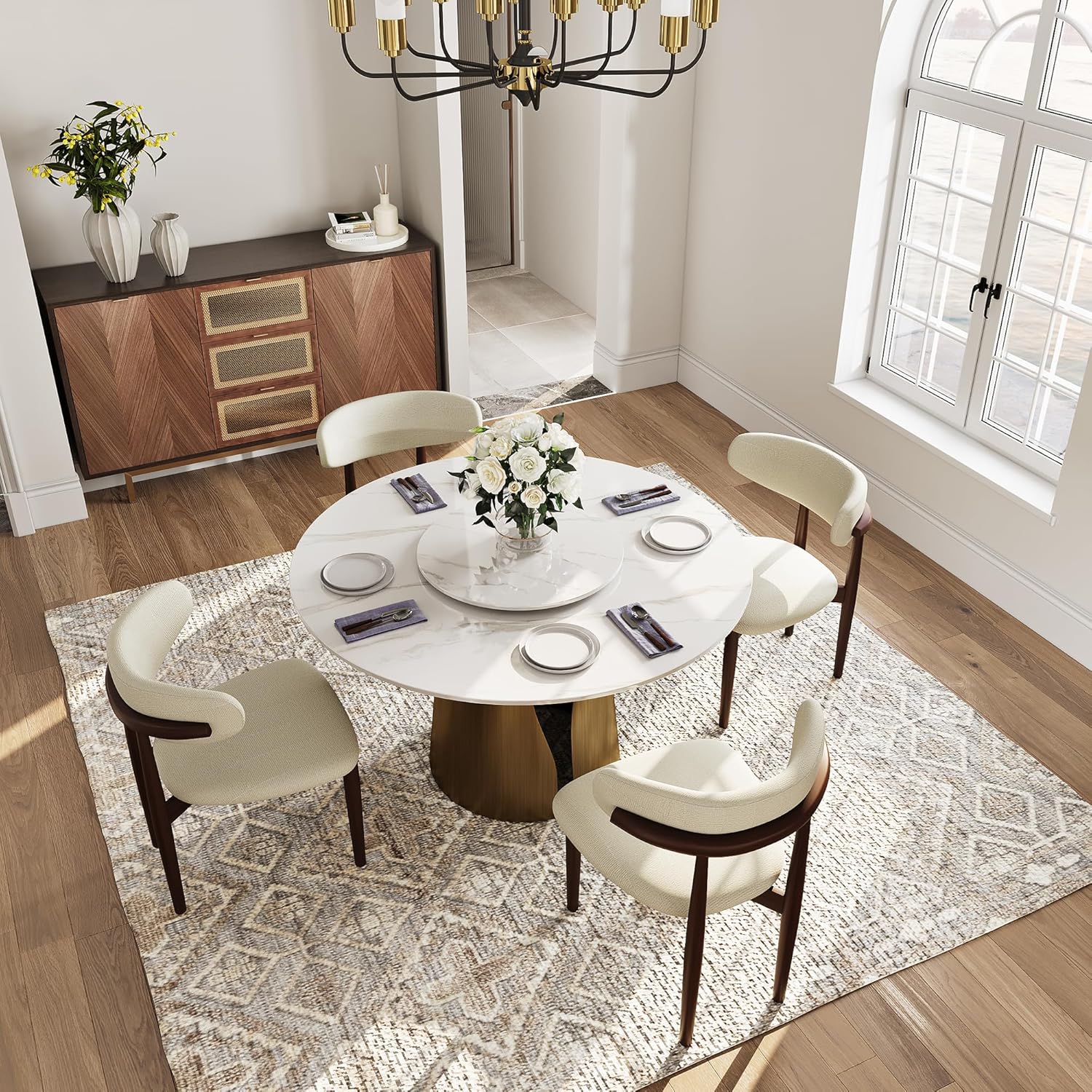 POVISON Round Dining Table for 4-6, Modern Round Dining Table Built in Lazy Susan for Dining Table, 51" Glossy White Sintered Stone Top Dining Table with Bronze Carbon Steel Pedestal(Table Only)