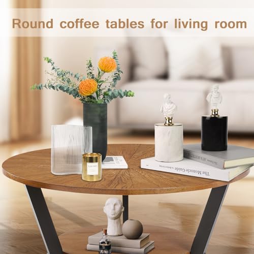 Coffee Table, Round Wood Coffee Table for Living Room with 2-Tier Table Top with Storage Rack, Metal Leg Triangle Support Design, Home Furniture, 35 x 35 x 17 in