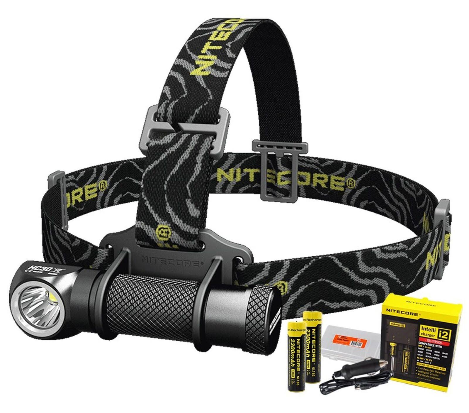 Nitecore Hc30 1000 Lumens Rechargeable LED Headlamp with 2 x 2300 mAh 18650 Batteries, I2 Smart Charger, Car AC Adapter, and Lum