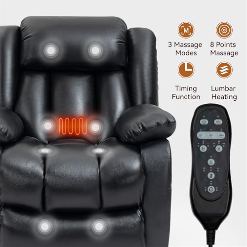 Dual Motor Infinite Position Electric Power Lift Recliner Chair with 8-Point Vibration Massage, Lumbar Heating, and Genuine Leather Upholstery - Supports Up to 350 LBS, Ideal for Elderly (Black)
