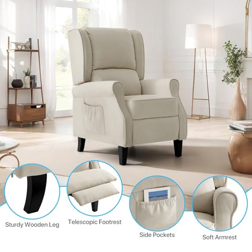 Vintage Wingback Recliner with Massage, Modern Linen Fabric Pushback Recliner for Living Room and Bedroom with Side Pockets, Wooden Legs(Beige)