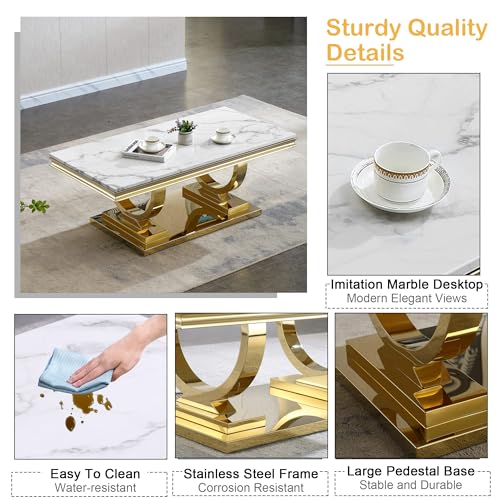 47" White Marble Coffee Table, Modern Rectangular Faux Marble Coffee Table with Silver Mirrored Stainless Steel Pedestal, Elegant Cocktail Center Table Sofa Table for Living Room