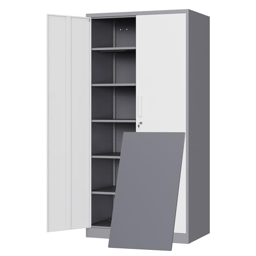 Yizosh Metal Garage Storage Cabinet with 2 Doors and 5 Adjustable Shelves - 71" Steel Lockable File Cabinet,Locking Tool Cabinets for Office,Home,Garage,Gym,School (Gray White)