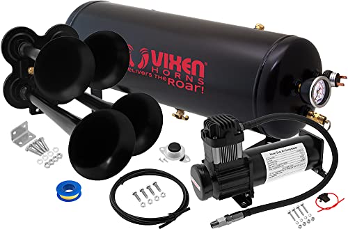 Vixen Horns Train Horn Kit for Trucks/Car/Semi. Complete Onboard System- 200psi Air Compressor, 2.5 Gallon Tank, 4 Trumpets. Super Loud dB. Fits Vehicles Like Pickup/Jeep/RV/SUV 12v VXO8325/4114B