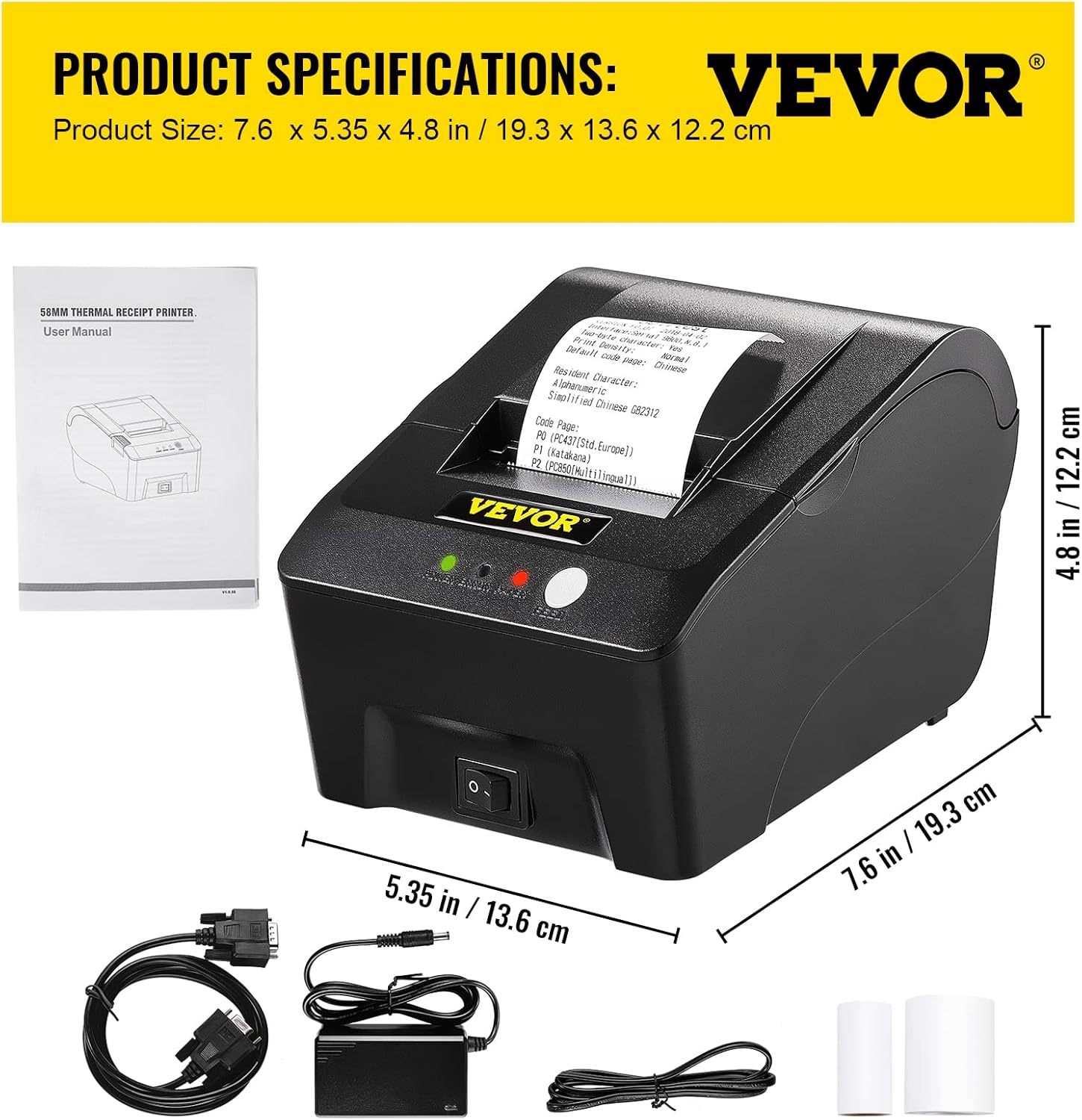 VEVOR Printer Receipt, 58mm Thermal Printer, USB Port Printer, ESC/POS Command Thermal Receipt Printer, Portable for Bank, Supermarket, Office, Restaurant Support Win 2003/XP/7/8/10 & Cashbox Driver