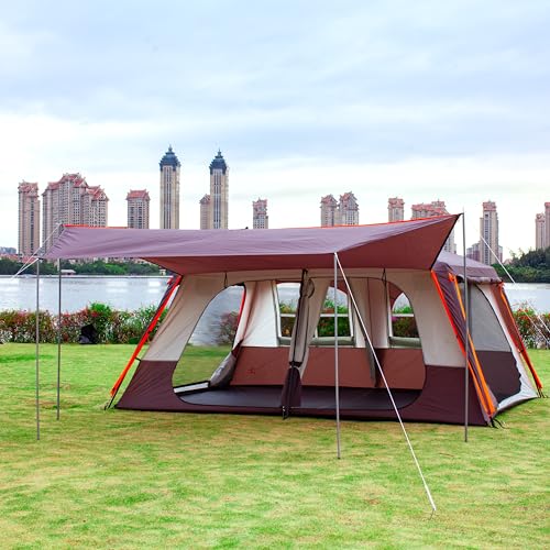 KTT Extra Large Tent 10-12-14 Person(Style-B),Family Cabin Tents,2 Rooms,3 Doors and 3 Windows with Mesh,Straight Wall,Waterproof,Double Layer,Big Tent for Outdoor,Picnic,Camping,Family Gathering