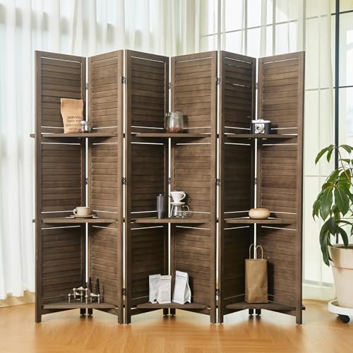 Room Divider with Shelves, 5.6 Ft Tall Folding Wood Screen with Double Hinges for Home Office Bedroom Hotel Decoration (6 Panels, Brown)