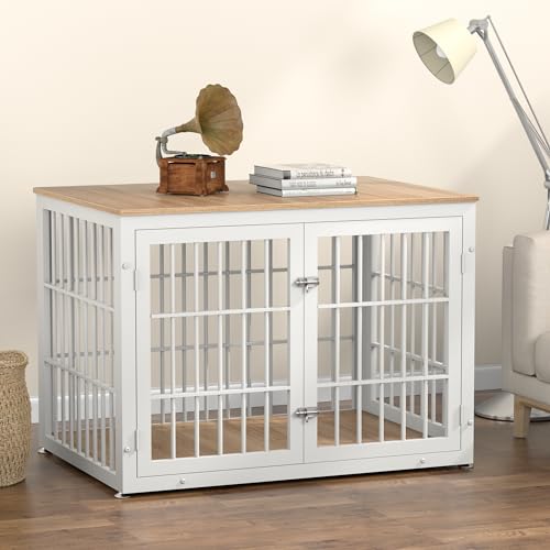 48 Inch Heavy Duty Dog Crate Furniture for Large Dogs, Decorative Pet House End Table, Extra Large Wooden Cage Kennel Furniture Indoor, Natural and White