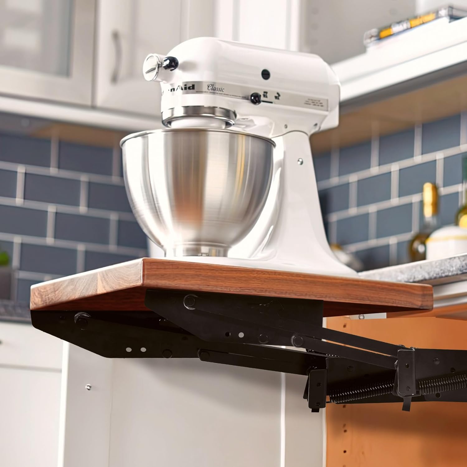 Mixer Lift for Cabinet, Appliance Lift with Soft-Close, Space-Saving Design, Locking Mechanism, Holds Up to 60 LBS, Zinc Finish, for Small Kitchen Appliances.