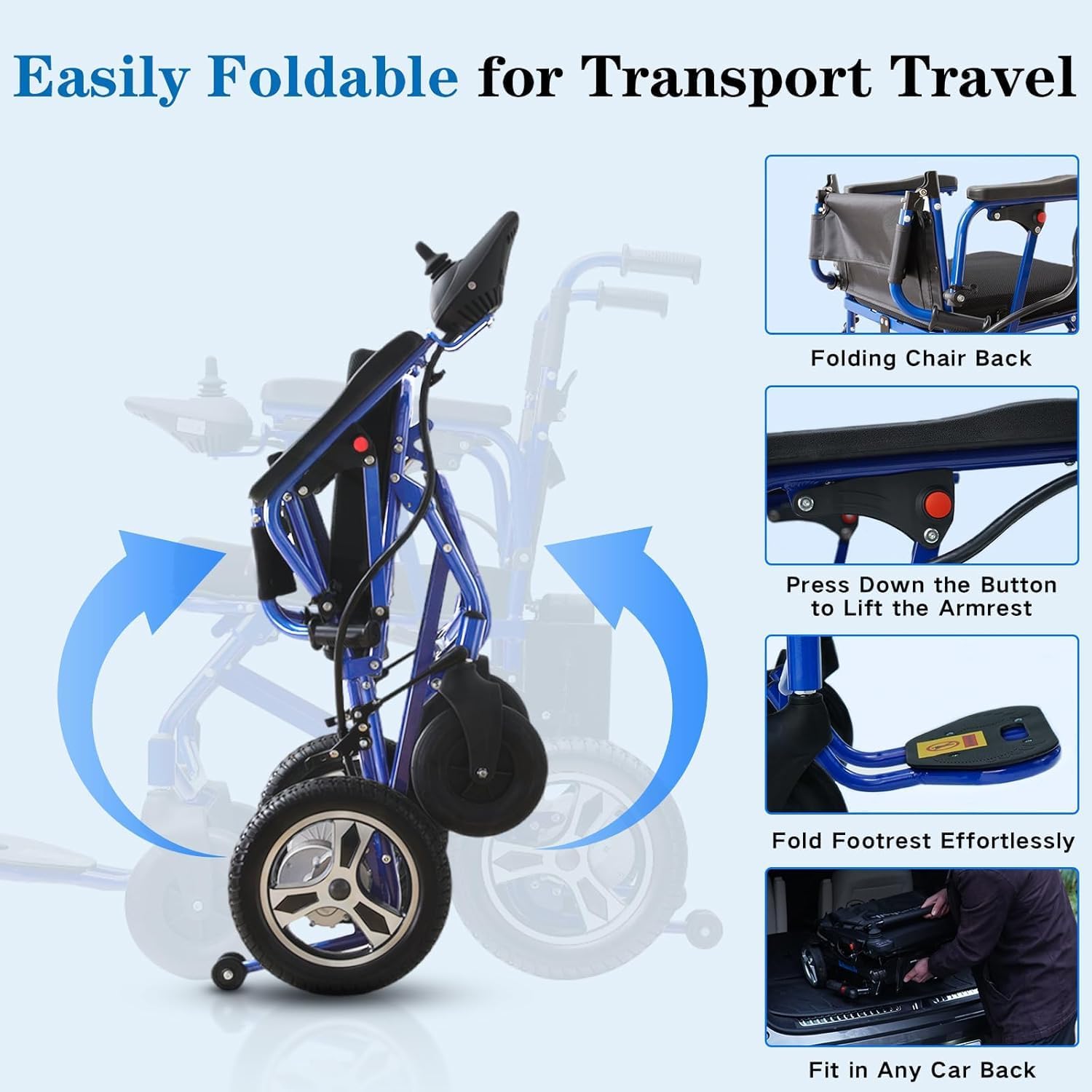 Electric Wheelchairs for Adults Lightweight Foldable, 20 Miles Lightweight Foldable Motorized Wheelchairs Power Portable Wheelchair, 500W Motor,Black