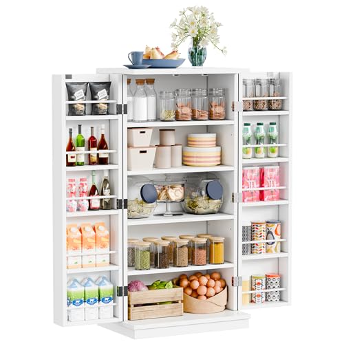 Meilocar 47in Pantry Cabinet, Wooden Kitchen Storage Cabinets Freestanding Cupboard with Doors & Adjustable Shelves, Storage Cabinet for Kitchen, Living Room, Dining Room, Office(Black)