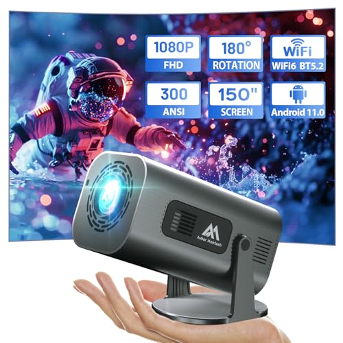 Mini Projector with WiFi and Bluetooth, 180°Adjustable Stand Portable Projector, Support 2.4G/5G WiFi6, 150" Smart Projector with Android TV 11.0, 1080P, Auto Keyston Outdoor/Home Theater, White