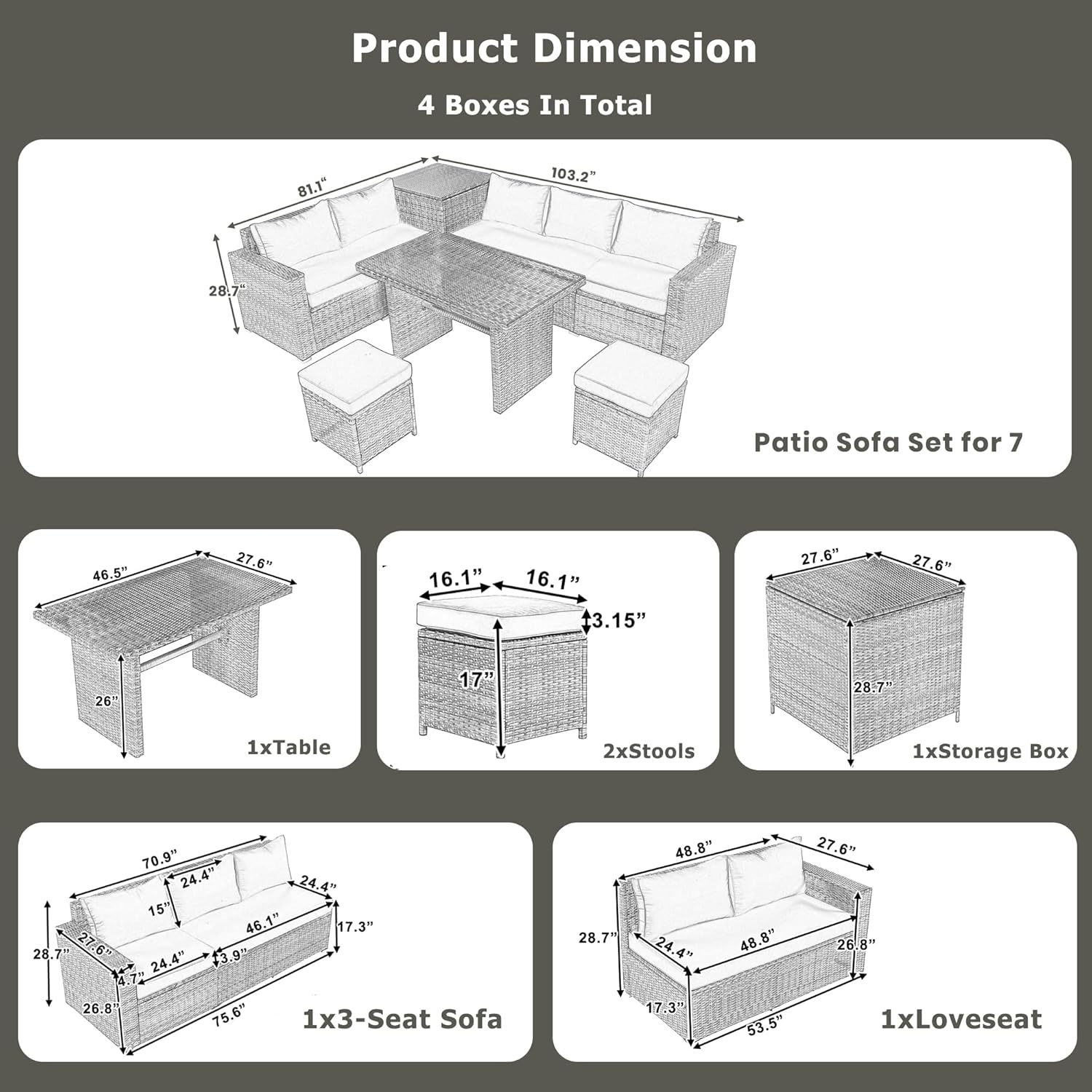 Outdoor 6-Piece All Weather PE Rattan Sofa Set, Garden Patio Wicker Sectional Furniture Set with Adjustable Seat, Storage Box, Removable Covers and Tempered Glass Top Table,Grey