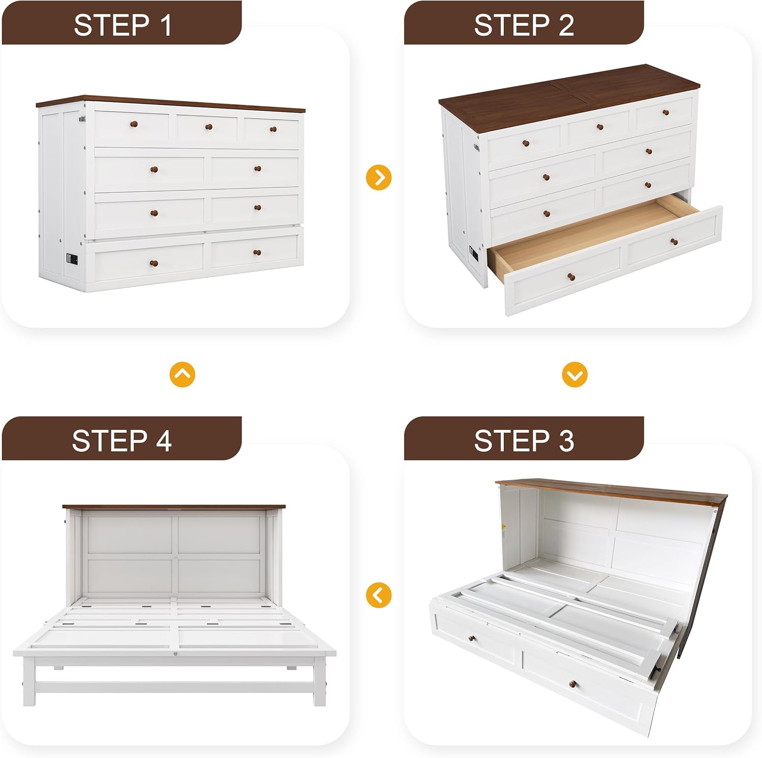Queen Murphy Bed Queen Murphy Cabinet Bed with Storage Drawers, Murphy Bed with Charging Station, Wood Murphy Bed Cabinet Bed,Murphy Bed Chest Murphy Bed Frame Wall Bed for Guest Bedroom, White+Walnut