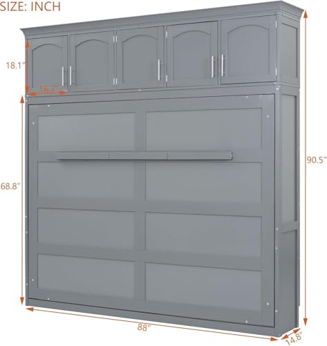 MERITLINE Queen Horizontal Murphy Bed Cabinet with Storage Bookcase Shelves and Charging Station,Wood Folding Grey Murphy Wall Bed for Adult