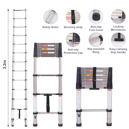 Telescoping Ladder,16.5FT Telescoping A Frame Ladders with Movable Wheel,Household Use Stainless Steel Folding Ladder,Multi-Purpose Collapsible Ladder for Outdoor Work