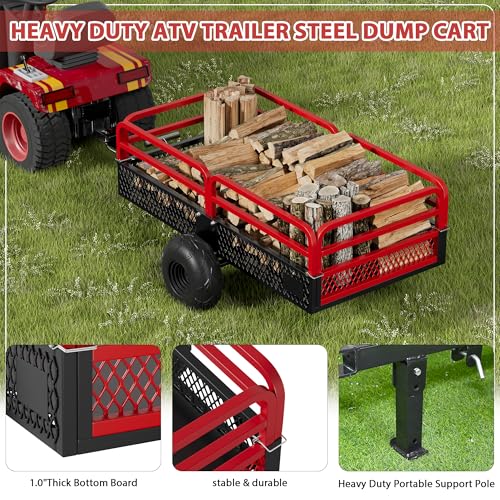 ATV Trailer Steel Dump Cart, Heavy Duty Carts with Wheels 1500lbs 15 cu. ft Capacity Utility Trailer Yard Garden Trailer W/Support feet & Removable Sides for Tractors, ATV, UTV, Lawn Mowers