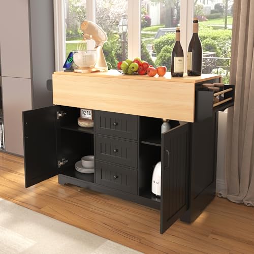 Large Kitchen Island Cart with 2 Drop Leaf, Mobile Dining Table with Storage Cabinet, Rolling Kitchen Cart with Power Outlets, 3 Drawers, Spice & Towel Rack