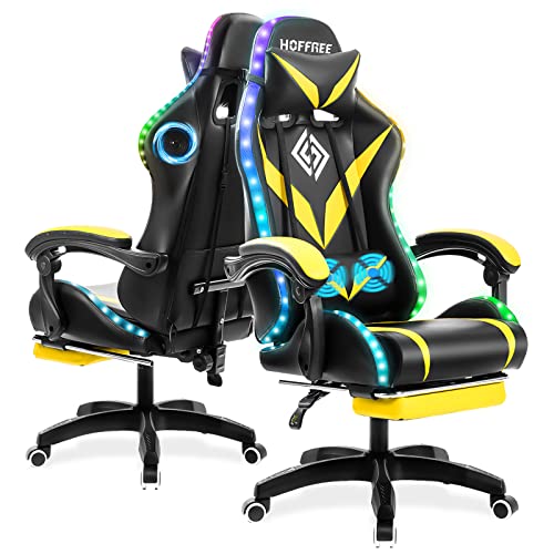 HOFFREE Gaming Chair Massage with Bluetooth Speakers and Led Lights Ergonomic Computer Gaming Chair with Footrest RGB Video Game Chair with High Back Lumbar Support Blue and Black