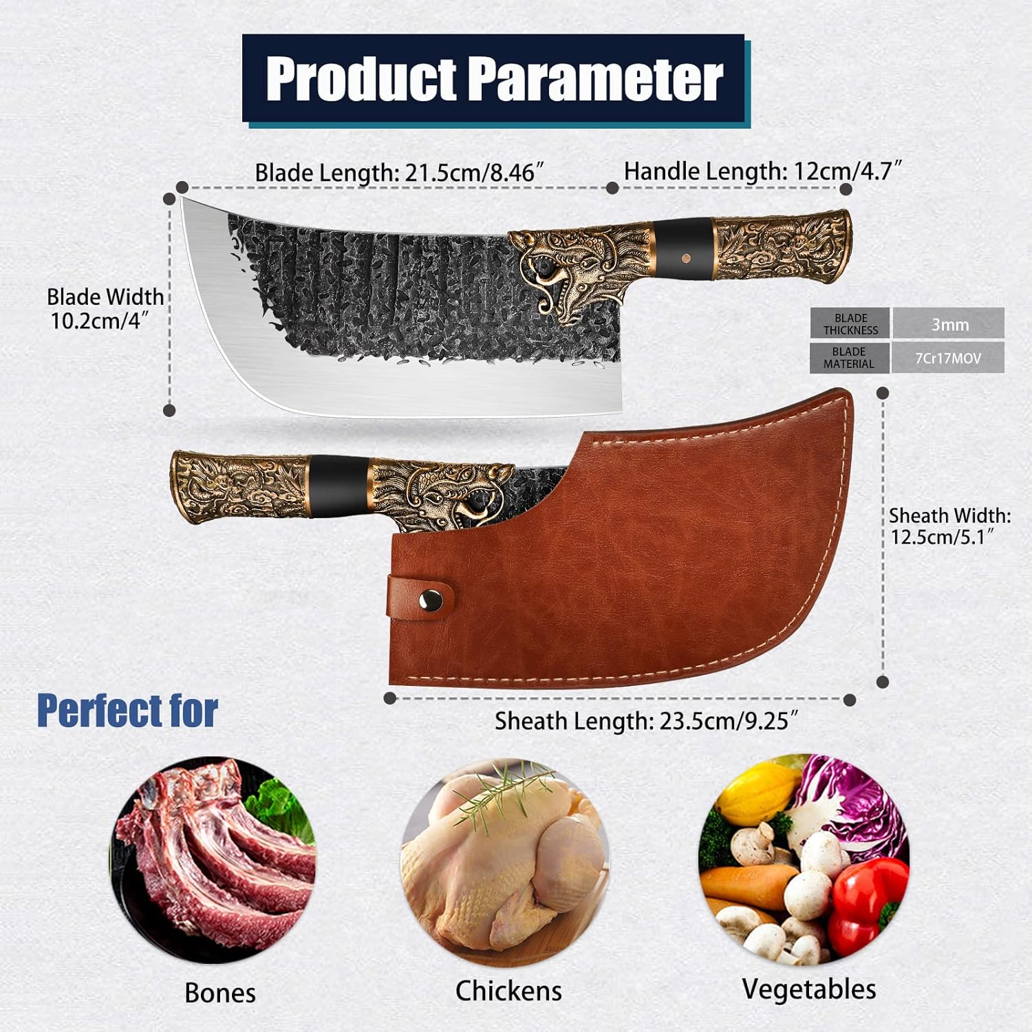Meat Cleaver Butcher Knife Bone Cleaver Knife Heavy Duty Bone Chopper Butcher Bone Knife High Carbon Steel Bone Knife with a Sheath for Kitchen Outdoor