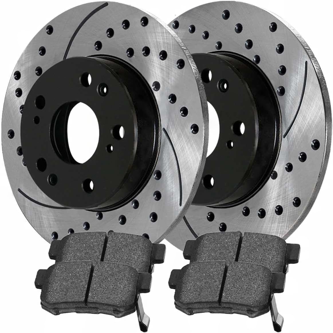 8pcs Ceramic Brake Pad Sets 4pcs Drilled and Slotted Rotors Kit Front Rear Side Black Performance Drilled and Slotted SCD787PR41259 980138R EHT537H