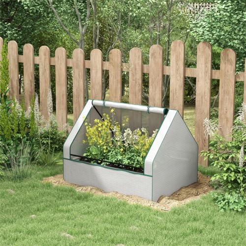 Mini Greenhouse - Garden Bed with Greenhouse Cover - Indoor Outdoor Pop Up Greenhouse with High Strength PE Cover and Roll-up Window - House Plant Protecting Plant from Sun, Rain, and Birds - White