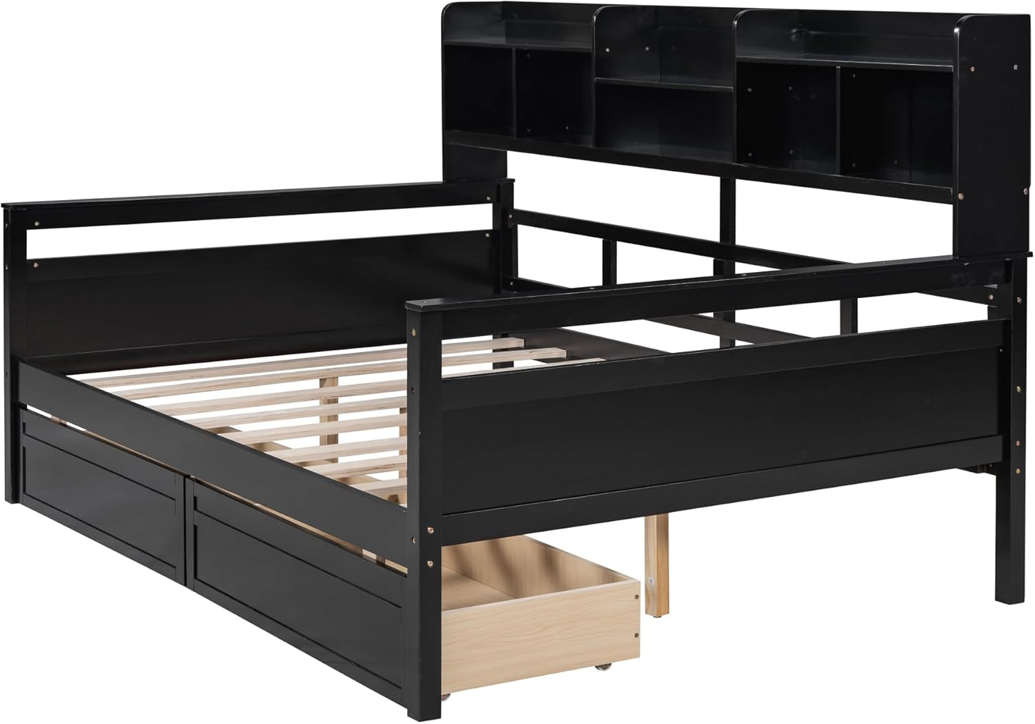 Full Size Wood Daybed with 2 Storage Drawers and Bedside Shelves, Sofa Bed Frame for Livingroom, Bedroom, Espresso