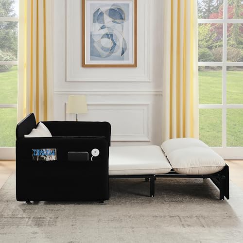 53" Convertible Sofa Bed-Velvet Pull Out Couch with Removable Armrests, 3 in 1 Loveseat Sleeper Sofa Bed, Queen Sleeper Sofa with USB Power Port, Sofa Cama Moderno with Side Pockets
