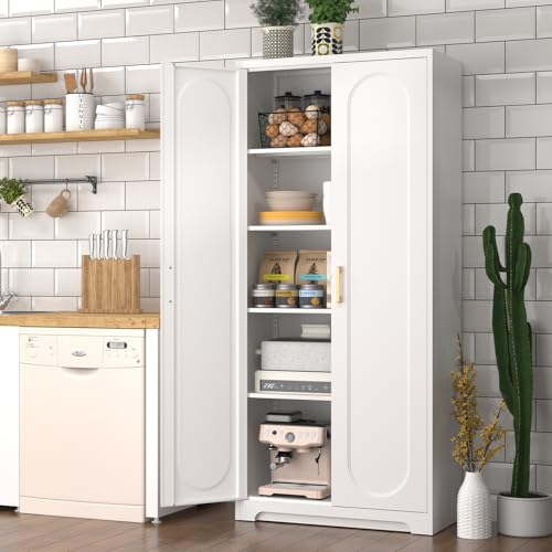 Metal Storage Cabinet with Doors and Shelves, 71 Inch Tall Kitchen Pantry Cabinet, Pantry Cabinets for Kitchen Storage, Freestanding Cupboard for Living, Dining Room, White, Assembly Required