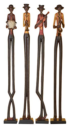 Deco 79 Polystone Musician Decorative Sculpture Tall Long Legged Jazz Band Home Decor Statues with Black Base Stand, Set of 4 Accent Figurines 5"W, 40"H, Brown