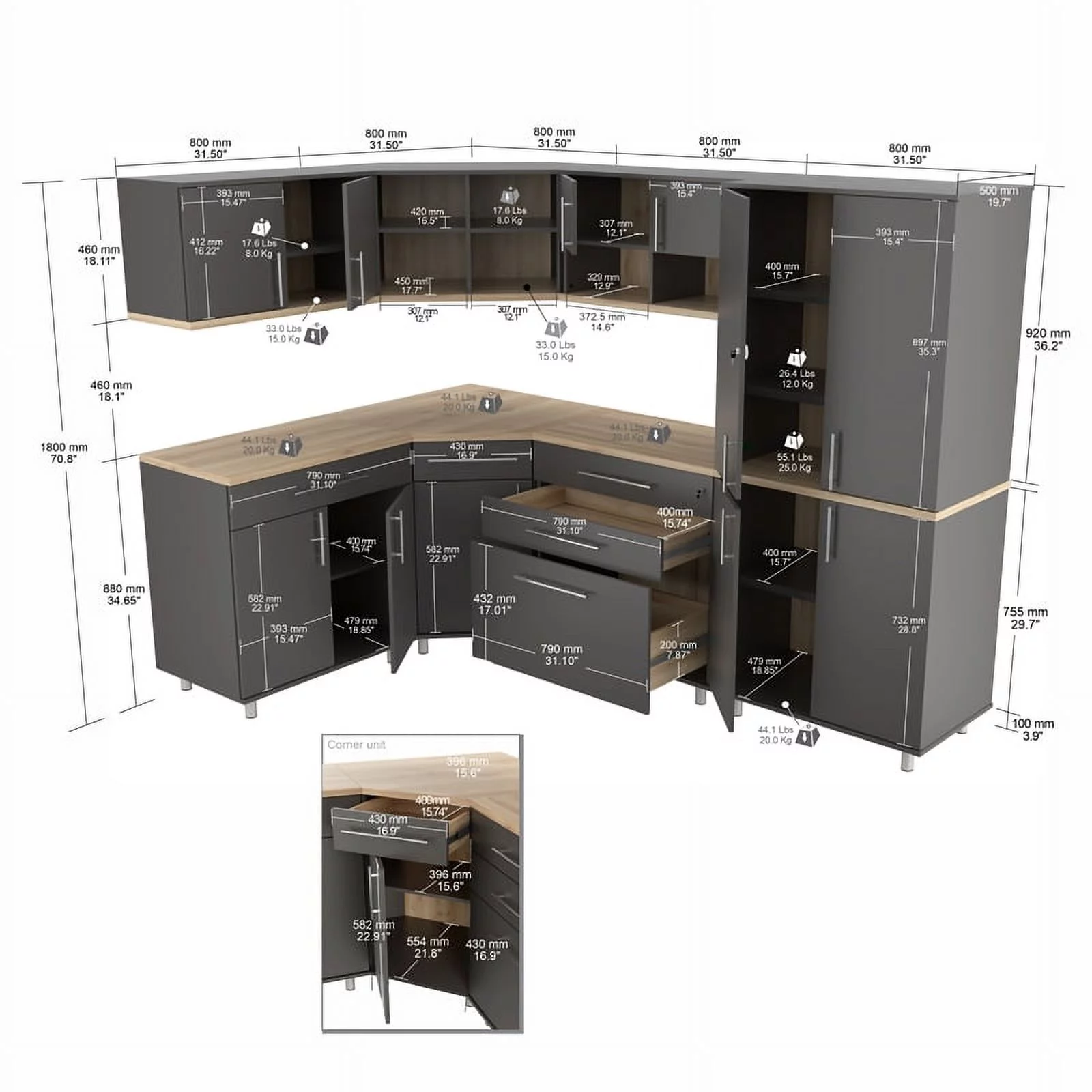 Pemberly Row 7-Piece Engineered Wood Garage Cabinet Set in Gray/Maple