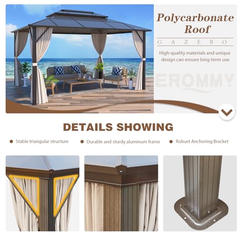 EROMMY 10' x 12' Hardtop Gazebo, Aluminum Frame Gazebos with Galvanized Steel Double Roof, Permanent Outdoor Metal Pavilion with Curtain and Netting for Patio, Lawn, Deck