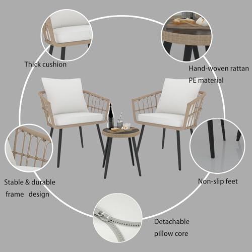 3-Piece Patio Bistro Set, PE Wicker Balcony Conversation Sets,Outdoor Furniture Chairs w Round Tempered Glass Table & 2 Thick White Cushions Ideal for Porch Backyard Lawn Poolside (Beige)