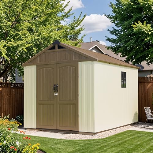 Patiowell 8 x 12 FT Plastic Outdoor Storage Shed with Floor, Resin Shed with Window and Lockable Door for Garden, Backyard, Tool Storage Use, Easy to Install in Beige (Kick-it Shed)