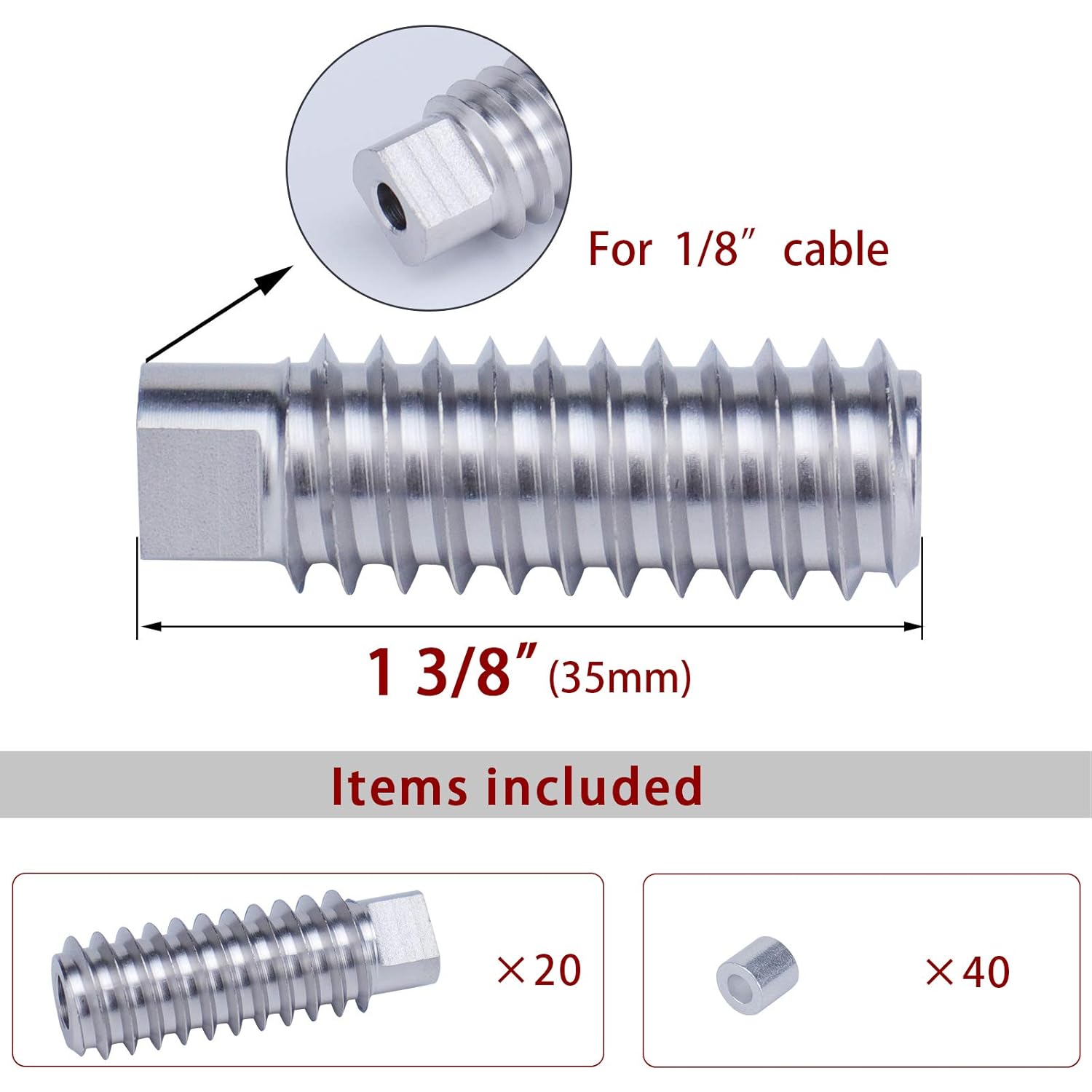 Muzata 40Pack 3/16" Invisible Cable Railing Kit Swage Lag Screw Tensioner CableGenie System Completely Hidden for Wire Rope Wood Posts T316 Stainless Steel 20 Cable Line CR99, CV1 CG1