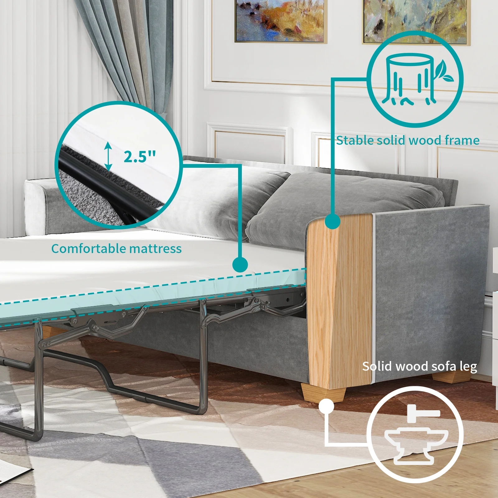 MUZZ Full Size Pull Out Sofa Bed, Velvet Sofa Couvh with Pull Out Bed, Sleeper Sofa Couch with Foam Mattress, 2-in-1 Sleeper Couch Bed for Living Room/Apartment/Small Spaces (Grey)