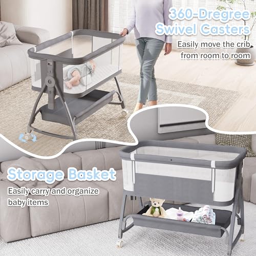 Bedside Bassinet for Baby, 3 in 1 Baby Bassinet Bedside Sleeper, Height Adjustable Bedside Crib, Rocking Bassinet with Wheels, Storage, Mattress, Mosquito Net, Newborn Portable Bassinet