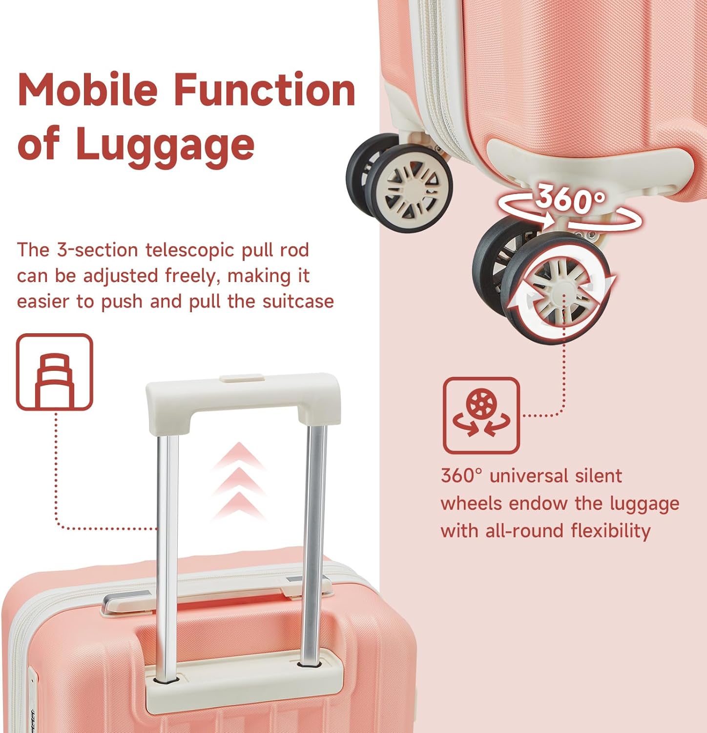 imiomo Luggage Sets 4 Piece Expandable Luggage Set with 2 toiletry bags , Hardside Carry on Suitcase with USB Port Cup Holder, Travel Luggage Suitcase with Spinner Wheels TSA Lock, Pink Beige