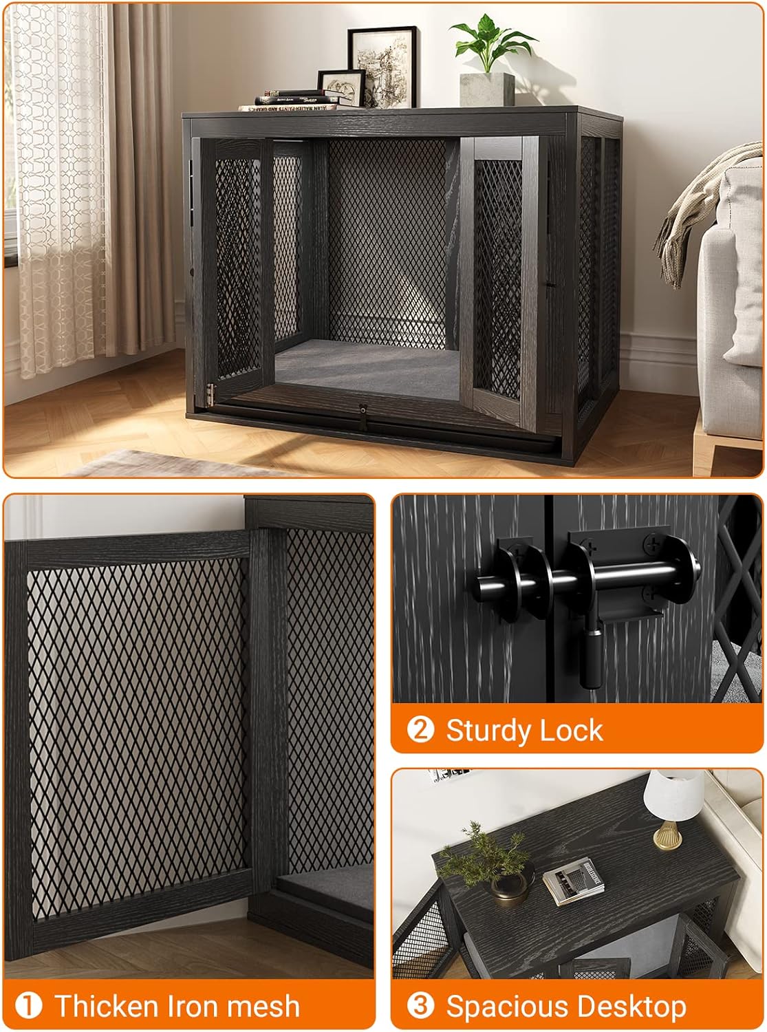 Furniture Style Dog Crate with Tray and Cushion, Double Doors Wooden Dog Kennel End Table, Decorative Pet Crate House Cage Indoor for Small Medium Dogs