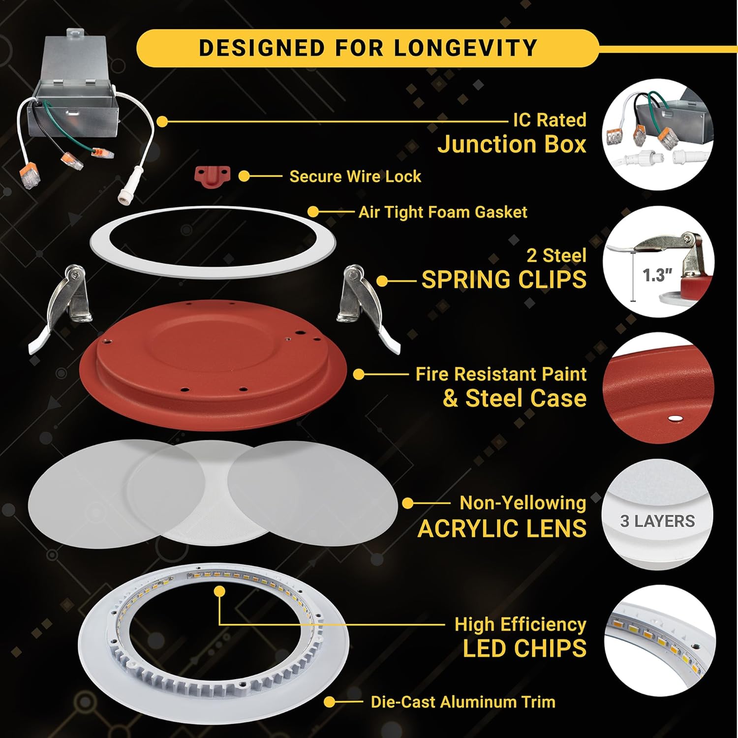 NUWATT 4 Inch 2 HOUR FIRE RATED Baffle LED Recessed Lighting, 27K/30K/35K/40K/50K 5CT Selectable, Dimmable, 900LM, IC Rated, 4in Anti-Glare Wafer Lights, Wet Rated Downlight, No Tenmat Needed. 6 Pack