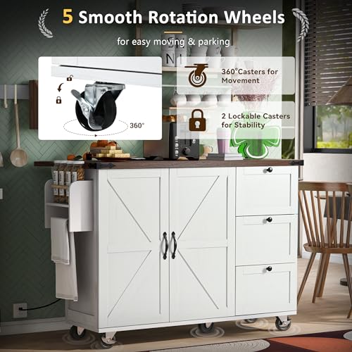 54.5" Farmhouse Mobile Kitchen Island with Power Outlet, Drop Leaf, Spice Rack and Drawer - Rolling Kitchen Cart with Ample Storage, Rustic Storage Islands for Home and Dining Room